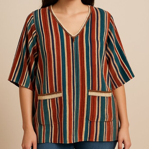 Moon River Multicolor Striped Tunic Top S Boho Festival Pocket V-Neck - Picture 1 of 7